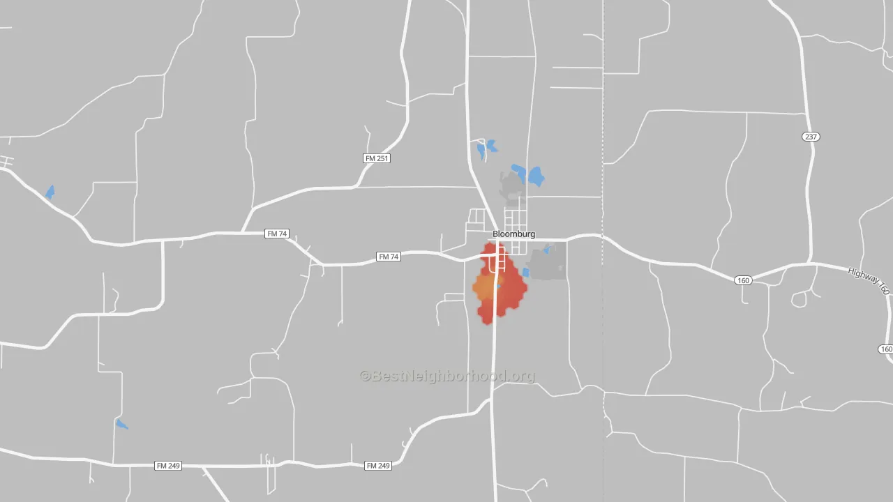 Walk Grade map of Bloomburg, TX, walkable areas in green and car-dependent areas in red