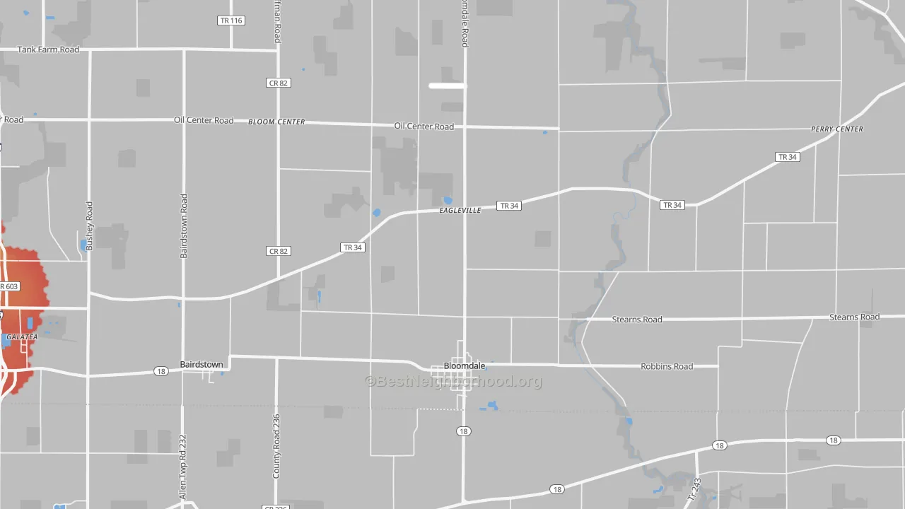 Walk Grade map of Bloomdale, OH, walkable areas in green and car-dependent areas in red