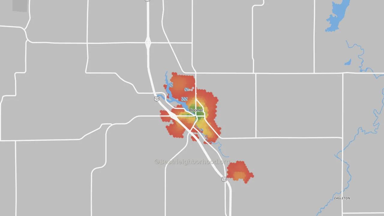 Walk Grade map of Bloomer, WI, walkable areas in green and car-dependent areas in red