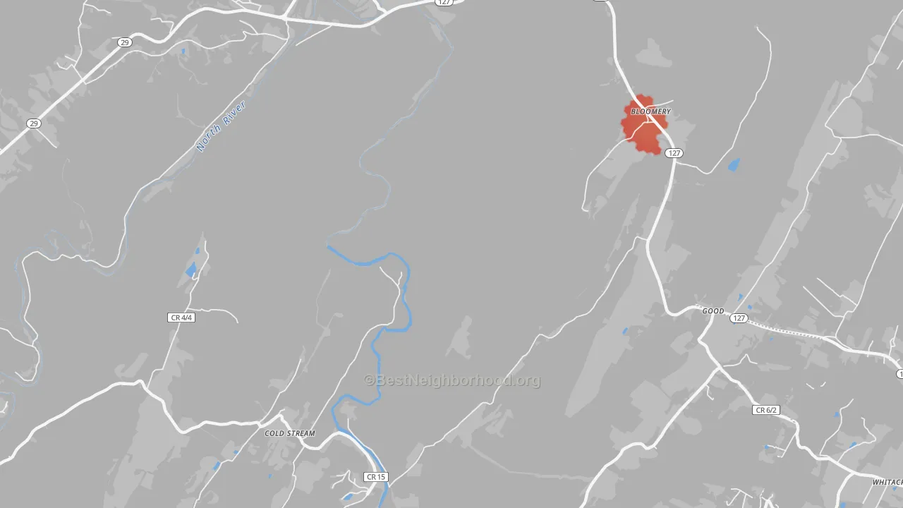 Walk Grade map of Bloomery, WV, walkable areas in green and car-dependent areas in red