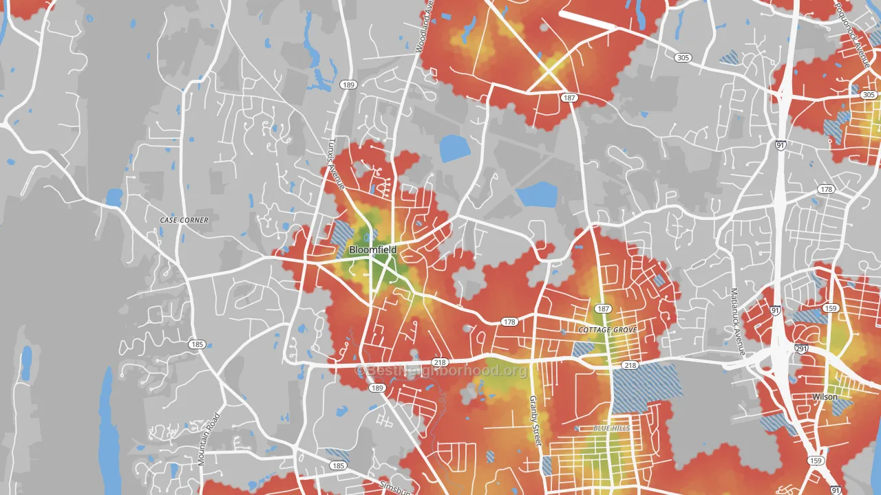 Walk Grade map of Bloomfield, CT, walkable areas in green and car-dependent areas in red