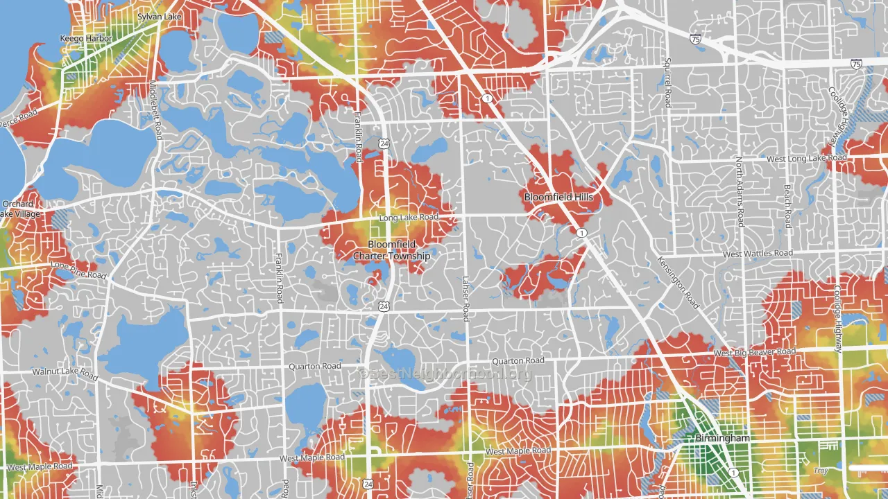 Walk Grade map of Bloomfield Hills, MI, walkable areas in green and car-dependent areas in red