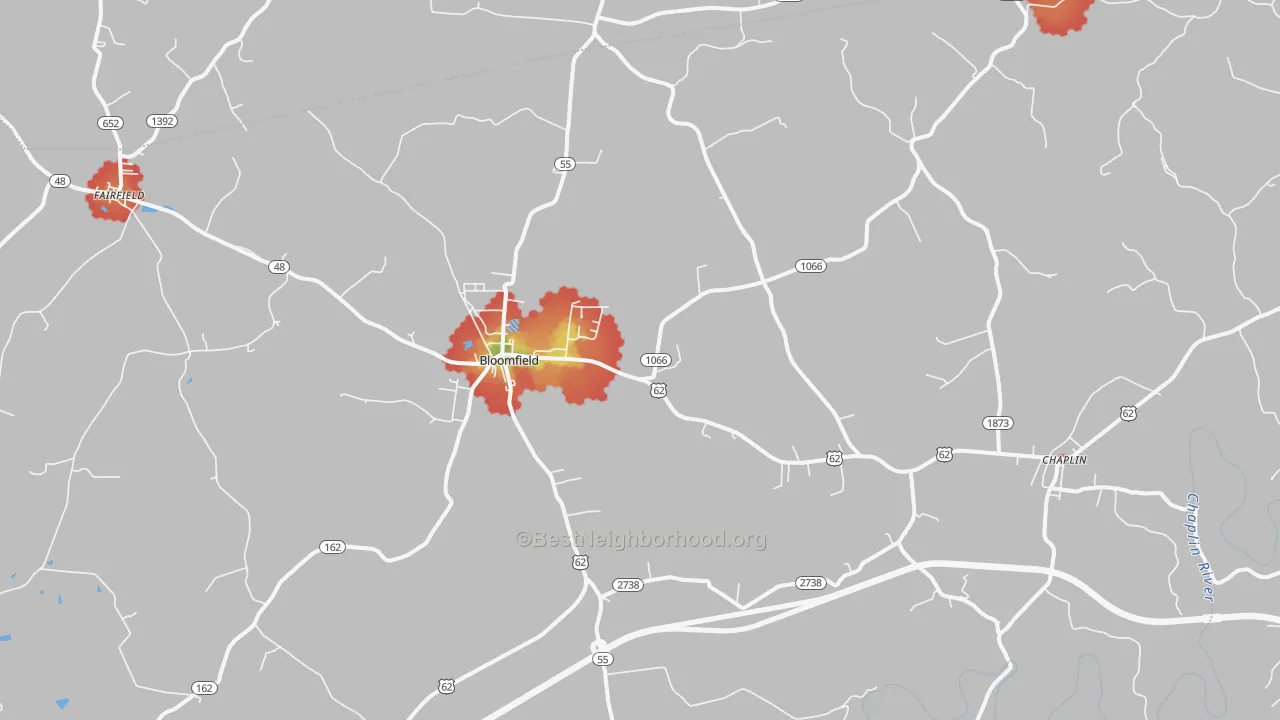 Walk Grade map of Bloomfield, KY, walkable areas in green and car-dependent areas in red
