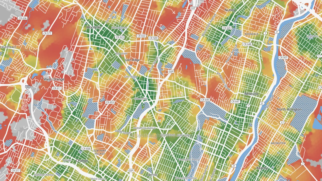 Walk Grade map of Bloomfield, NJ, walkable areas in green and car-dependent areas in red
