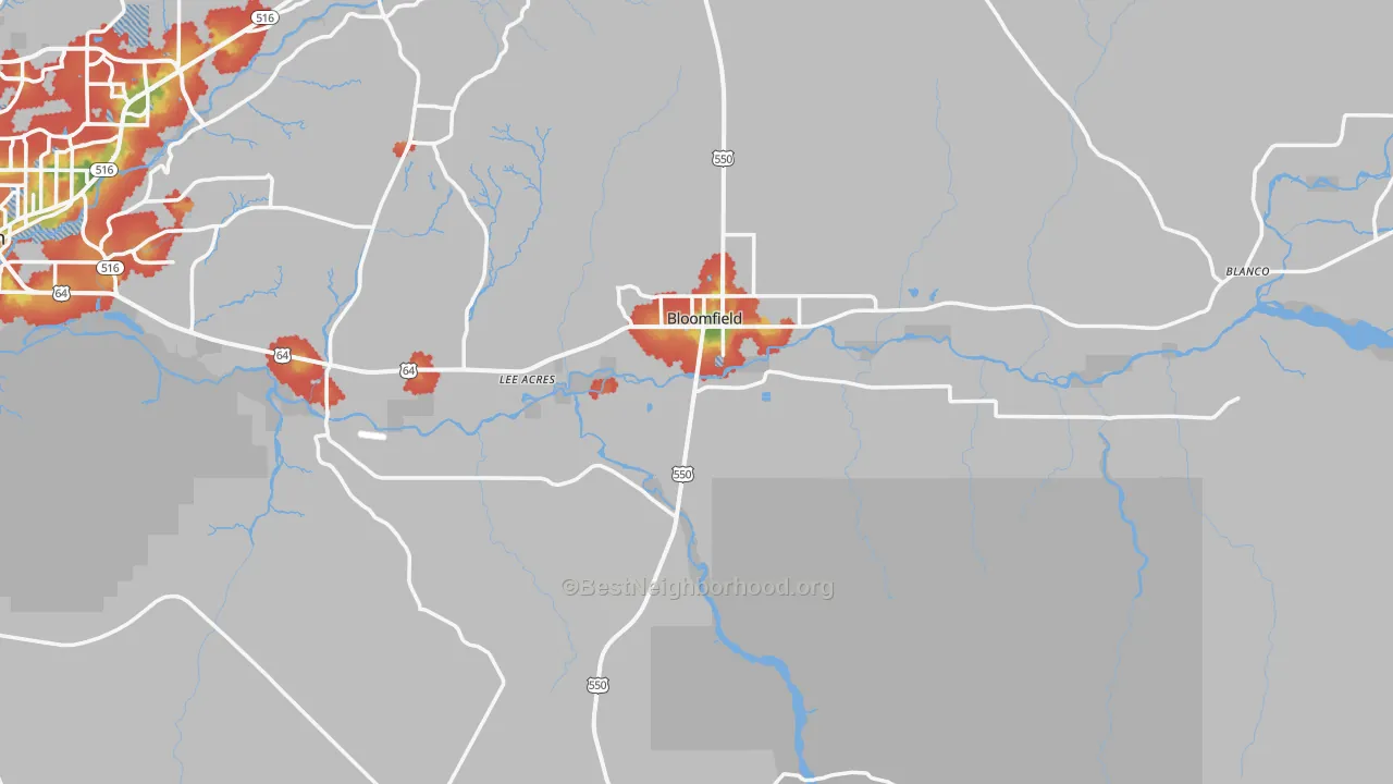 Walk Grade map of Bloomfield, NM, walkable areas in green and car-dependent areas in red
