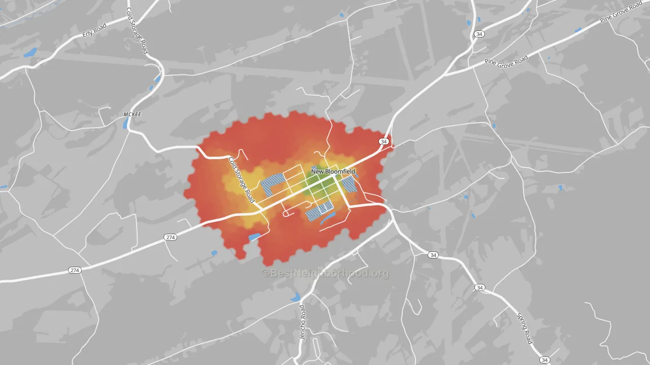 Walk Grade map of Bloomfield, PA, walkable areas in green and car-dependent areas in red