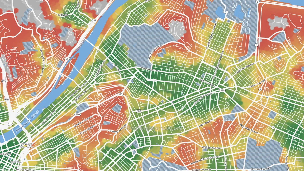 Walk Grade map of Bloomfield, Pittsburgh, PA, walkable areas in green and car-dependent areas in red