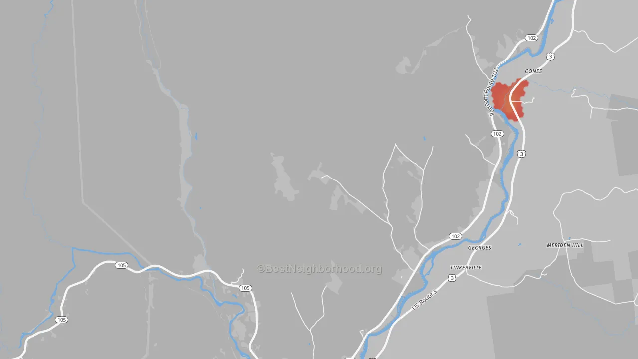 Walk Grade map of Bloomfield, VT, walkable areas in green and car-dependent areas in red