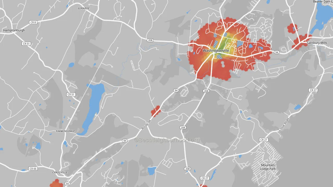 Walk Grade map of Blooming Grove, NY, walkable areas in green and car-dependent areas in red