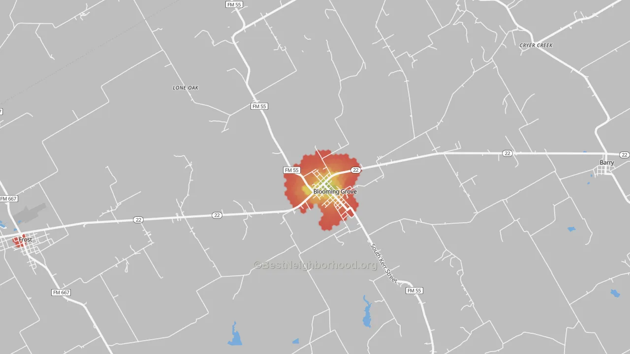 Walk Grade map of Blooming Grove, TX, walkable areas in green and car-dependent areas in red