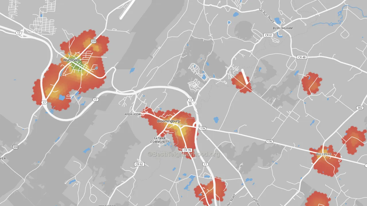 Walk Grade map of Bloomingburg, NY, walkable areas in green and car-dependent areas in red