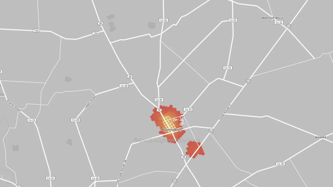 Walk Grade map of Bloomingburg, OH, walkable areas in green and car-dependent areas in red
