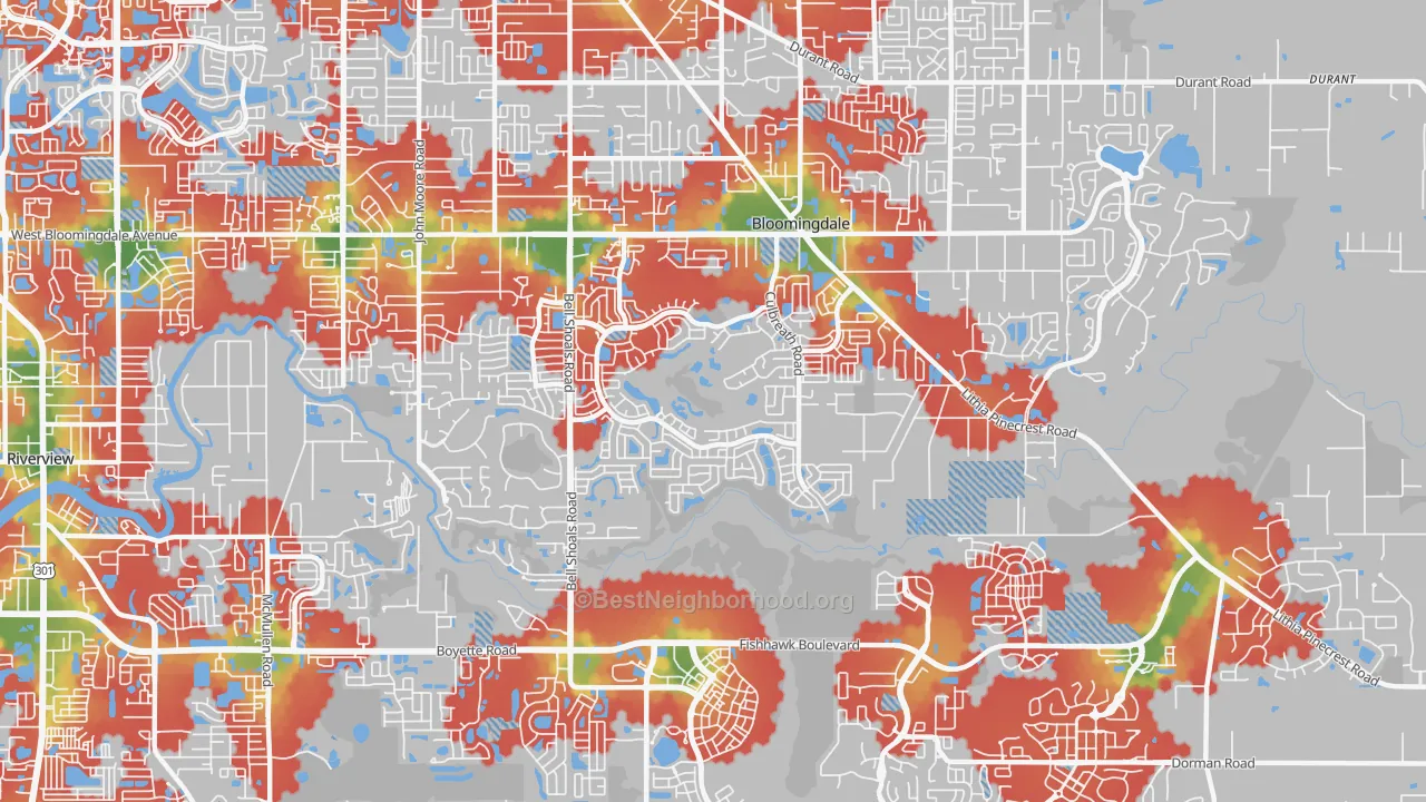 Walk Grade map of Bloomingdale, FL, walkable areas in green and car-dependent areas in red