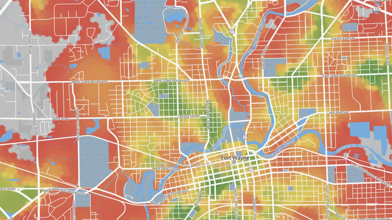 Walk Grade map of Bloomingdale, Fort Wayne, IN, walkable areas in green and car-dependent areas in red