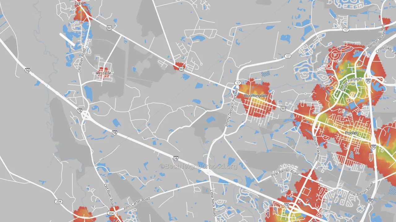 Walk Grade map of Bloomingdale, GA, walkable areas in green and car-dependent areas in red