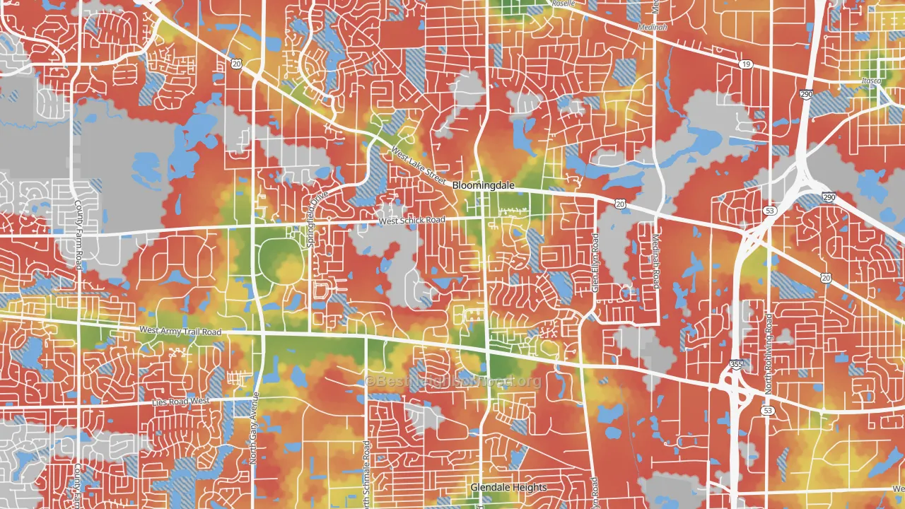 Walk Grade map of Bloomingdale, IL, walkable areas in green and car-dependent areas in red