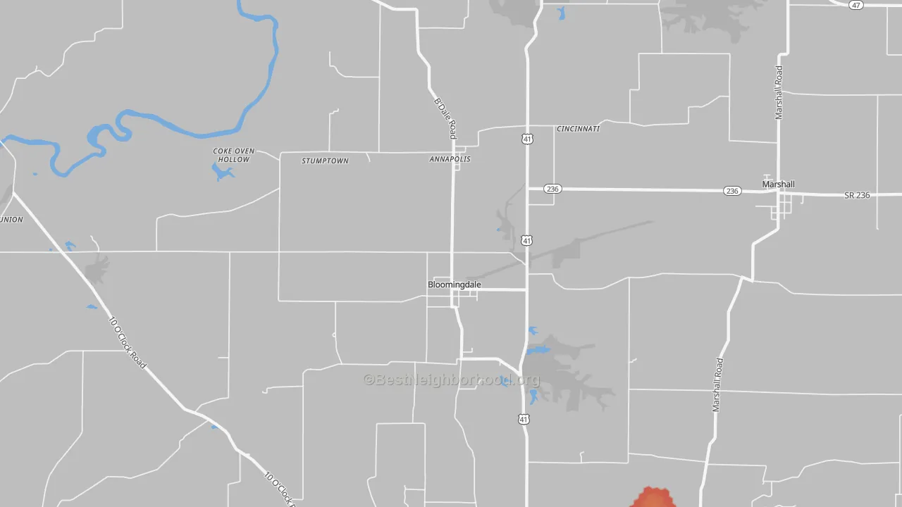 Walk Grade map of Bloomingdale, IN, walkable areas in green and car-dependent areas in red