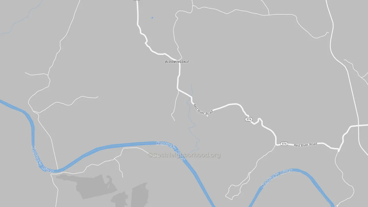 Walk Grade map of Bloomingdale, KY, walkable areas in green and car-dependent areas in red