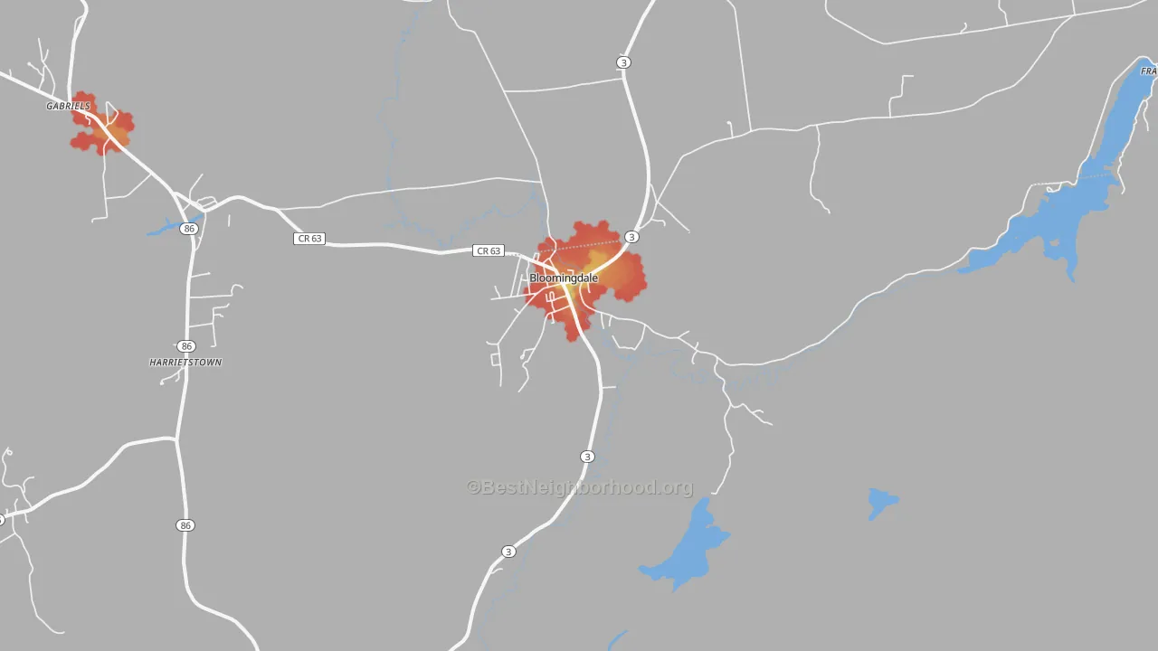 Walk Grade map of Bloomingdale, NY, walkable areas in green and car-dependent areas in red