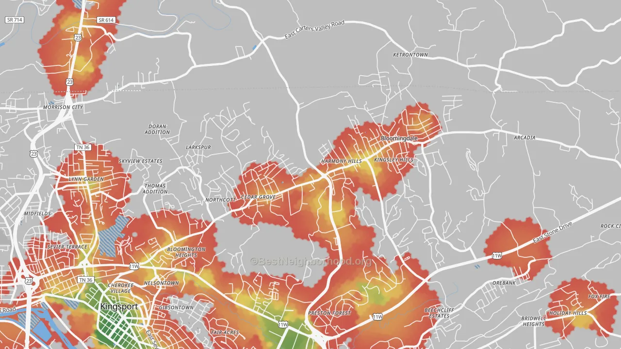 Walk Grade map of Bloomingdale, TN, walkable areas in green and car-dependent areas in red