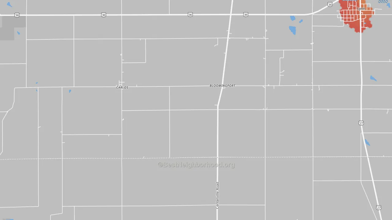 Walk Grade map of Bloomingport, IN, walkable areas in green and car-dependent areas in red