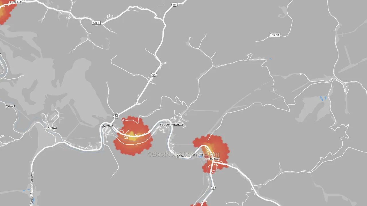 Walk Grade map of Bloomingrose, WV, walkable areas in green and car-dependent areas in red