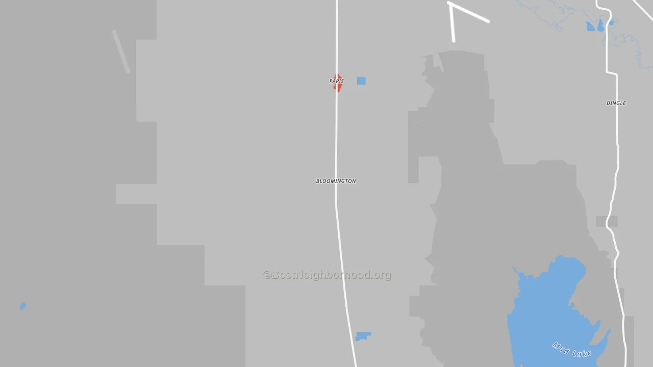 Walk Grade map of Bloomington, ID, walkable areas in green and car-dependent areas in red