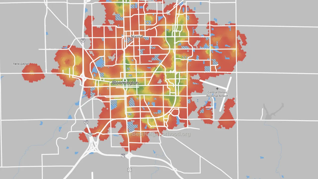 Walk Grade map of Bloomington, IL, walkable areas in green and car-dependent areas in red