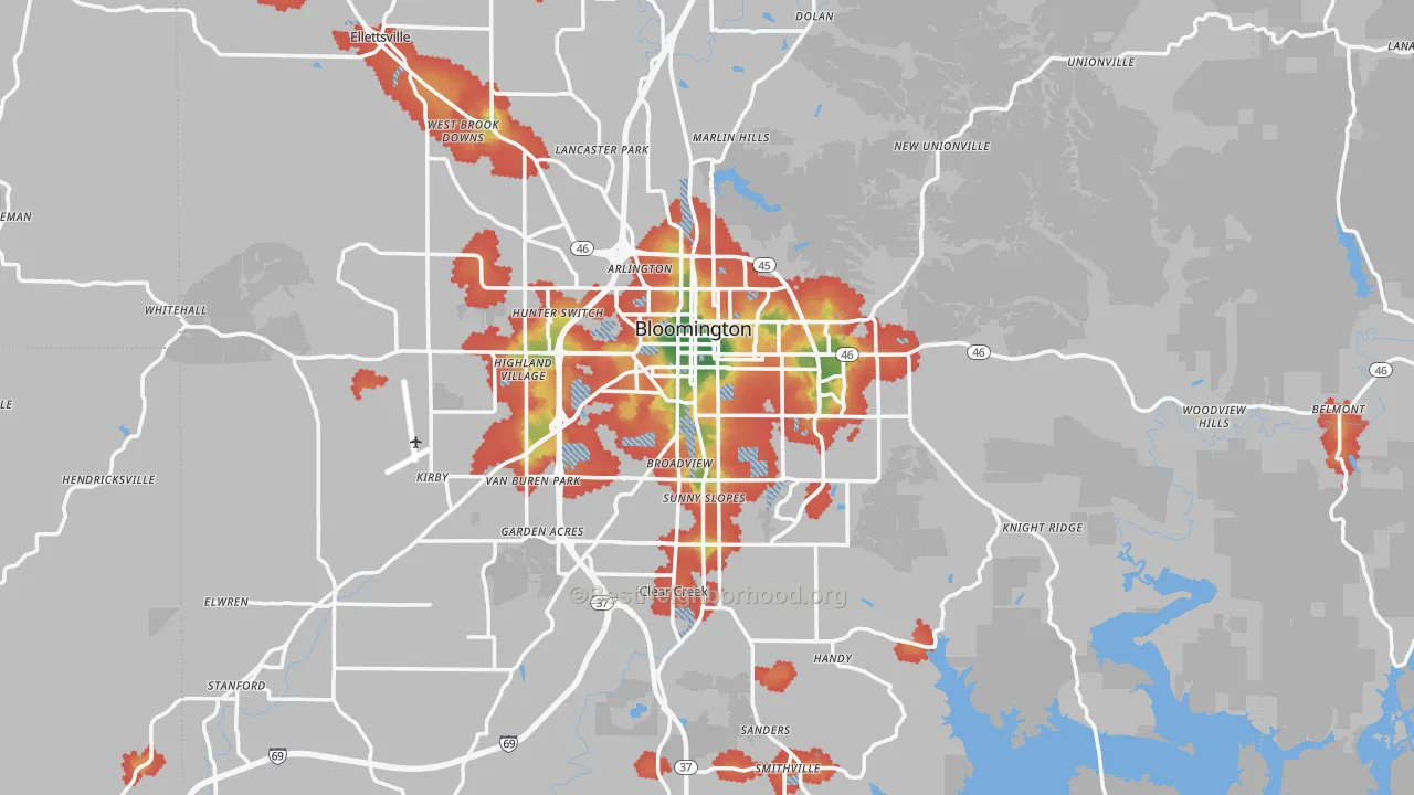 Walk Grade map of Bloomington, IN, walkable areas in green and car-dependent areas in red
