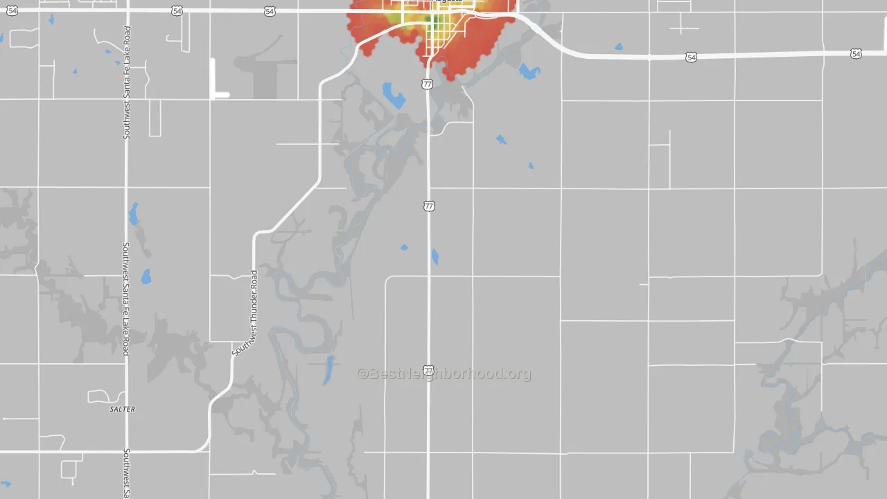 Walk Grade map of Bloomington, KS, walkable areas in green and car-dependent areas in red