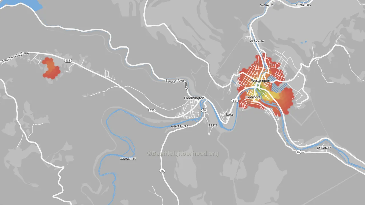Walk Grade map of Bloomington, MD, walkable areas in green and car-dependent areas in red
