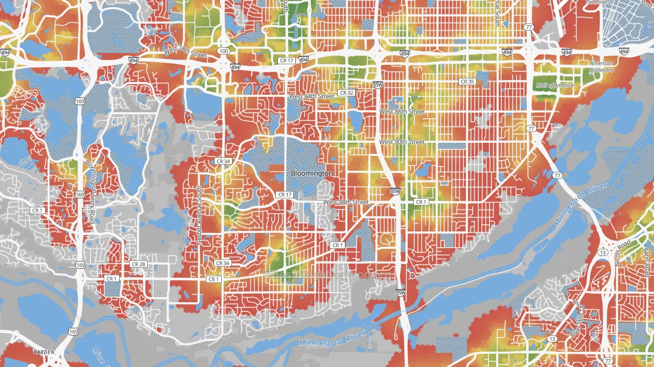 Walk Grade map of Bloomington, MN, walkable areas in green and car-dependent areas in red