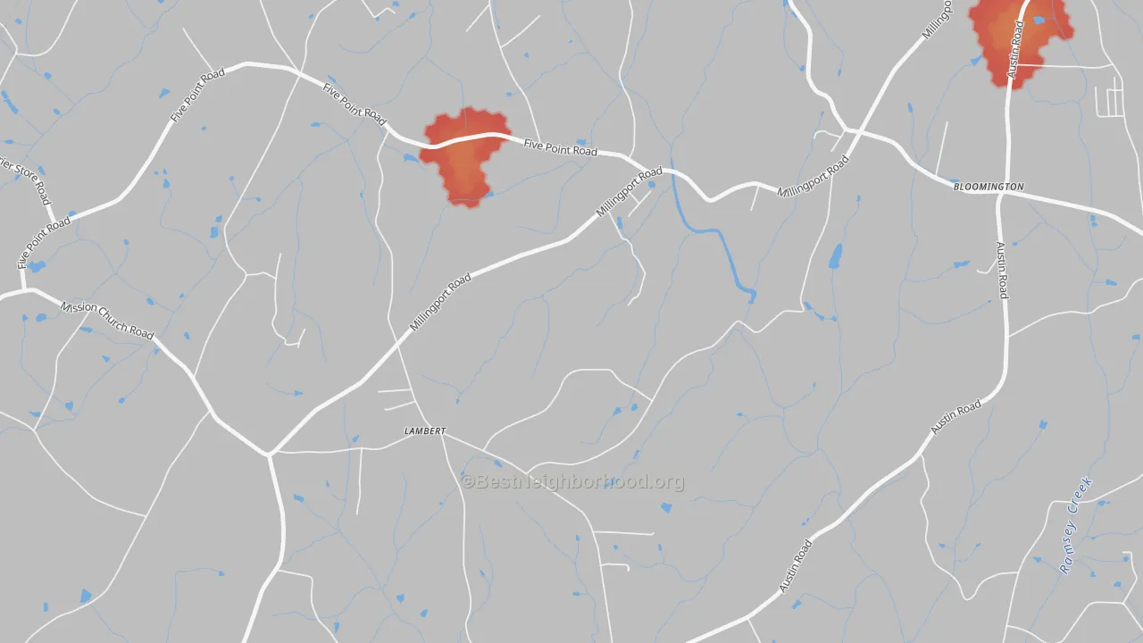 Walk Grade map of Bloomington, NC, walkable areas in green and car-dependent areas in red