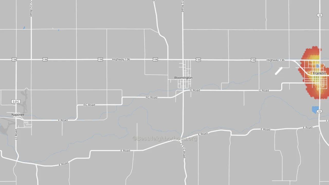 Walk Grade map of Bloomington, NE, walkable areas in green and car-dependent areas in red