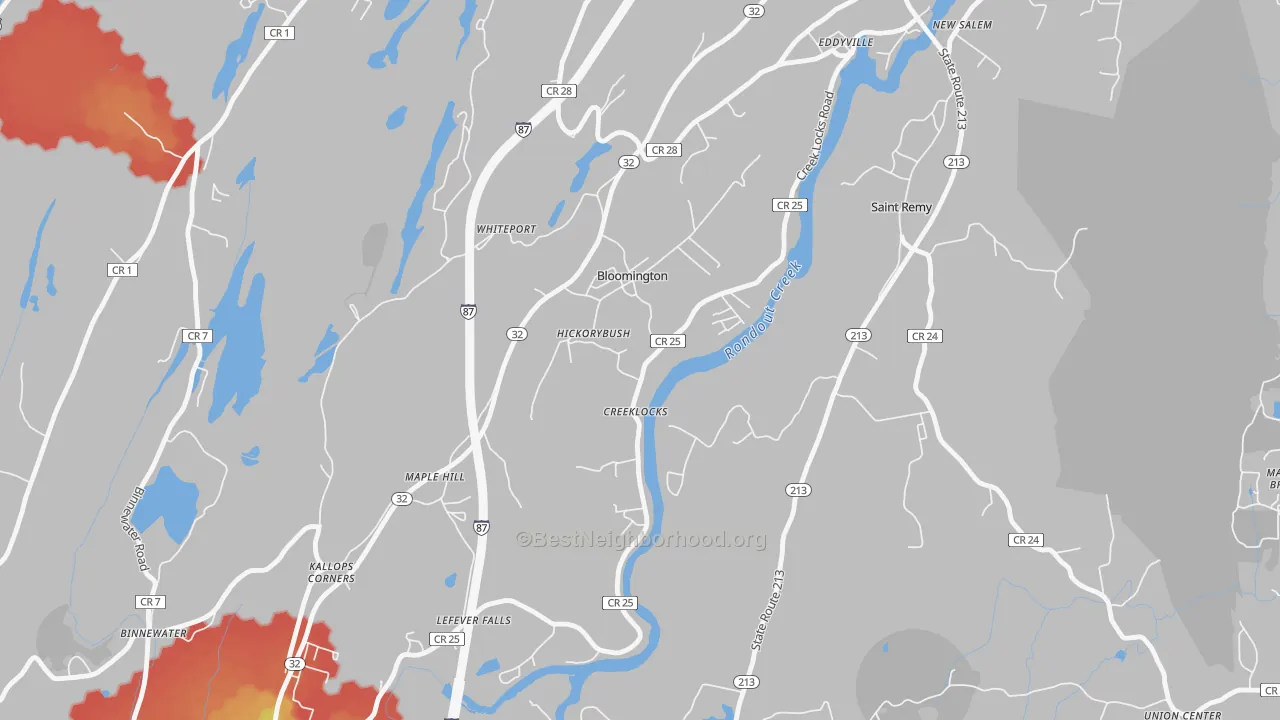 Walk Grade map of Bloomington, NY, walkable areas in green and car-dependent areas in red
