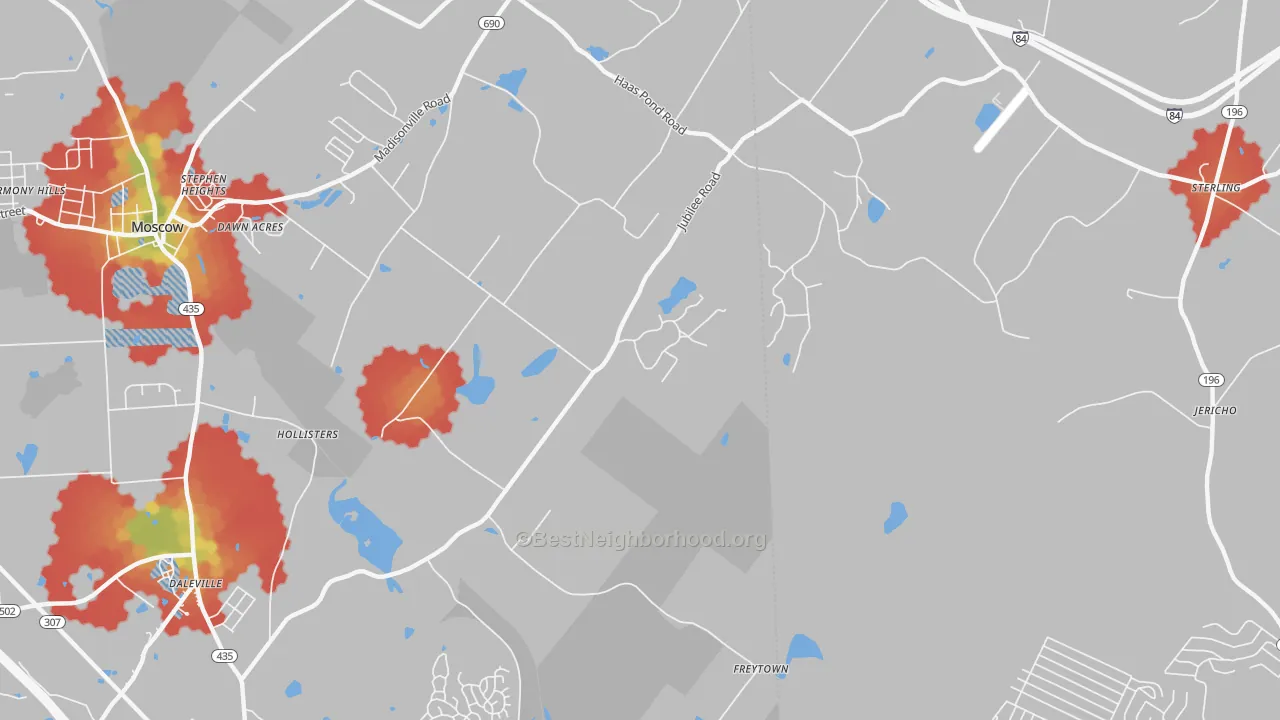 Walk Grade map of Bloomington, PA, walkable areas in green and car-dependent areas in red