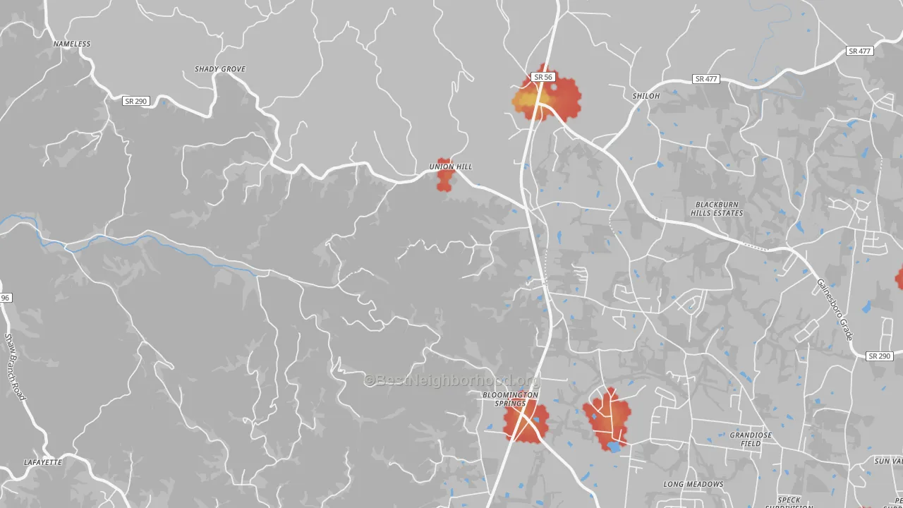 Walk Grade map of Bloomington Springs, TN, walkable areas in green and car-dependent areas in red