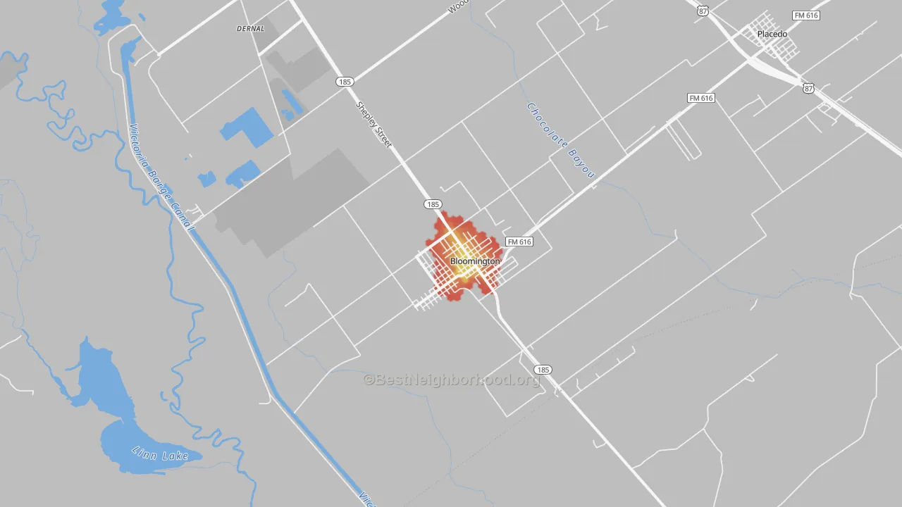 Walk Grade map of Bloomington, TX, walkable areas in green and car-dependent areas in red