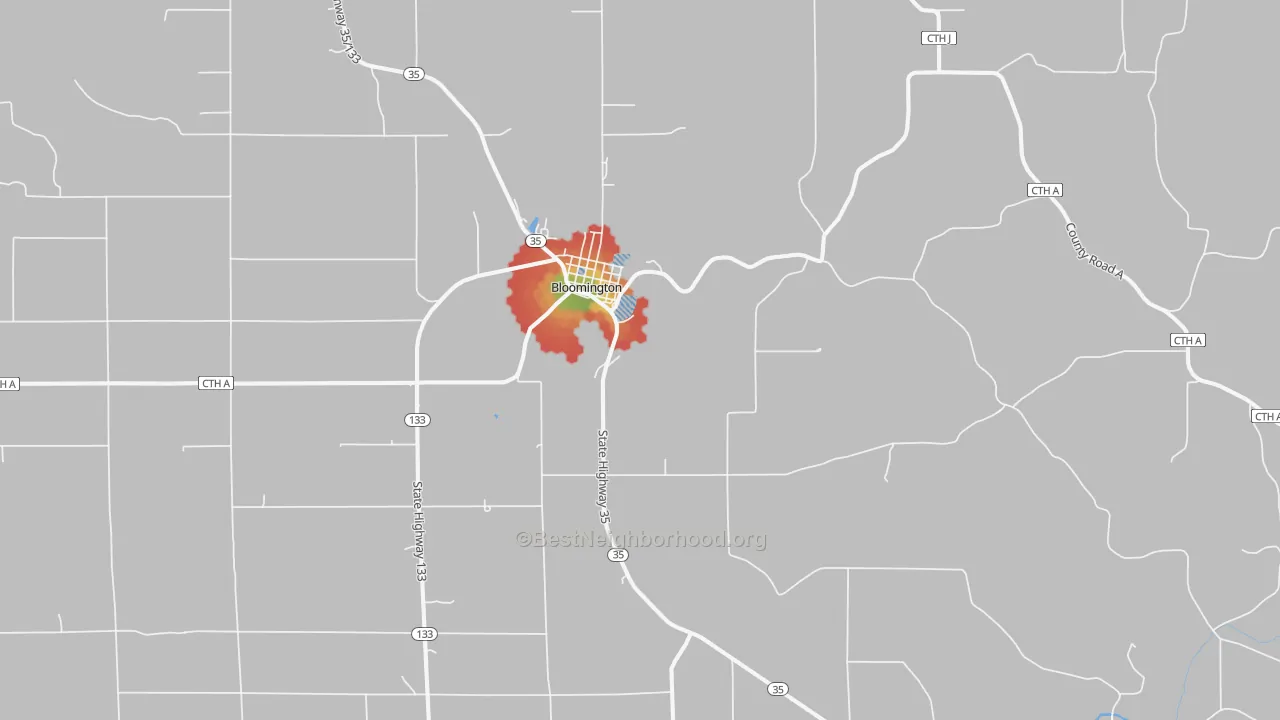 Walk Grade map of Bloomington, WI, walkable areas in green and car-dependent areas in red
