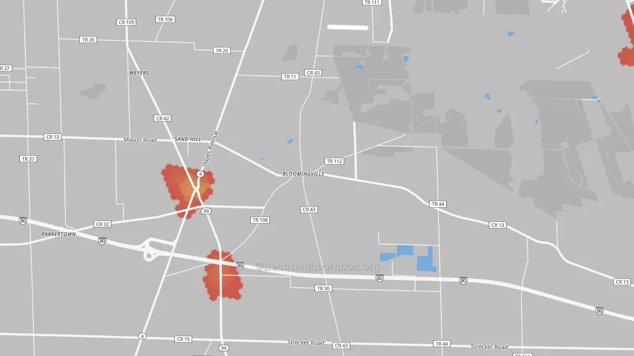 Walk Grade map of Bloomingville, OH, walkable areas in green and car-dependent areas in red