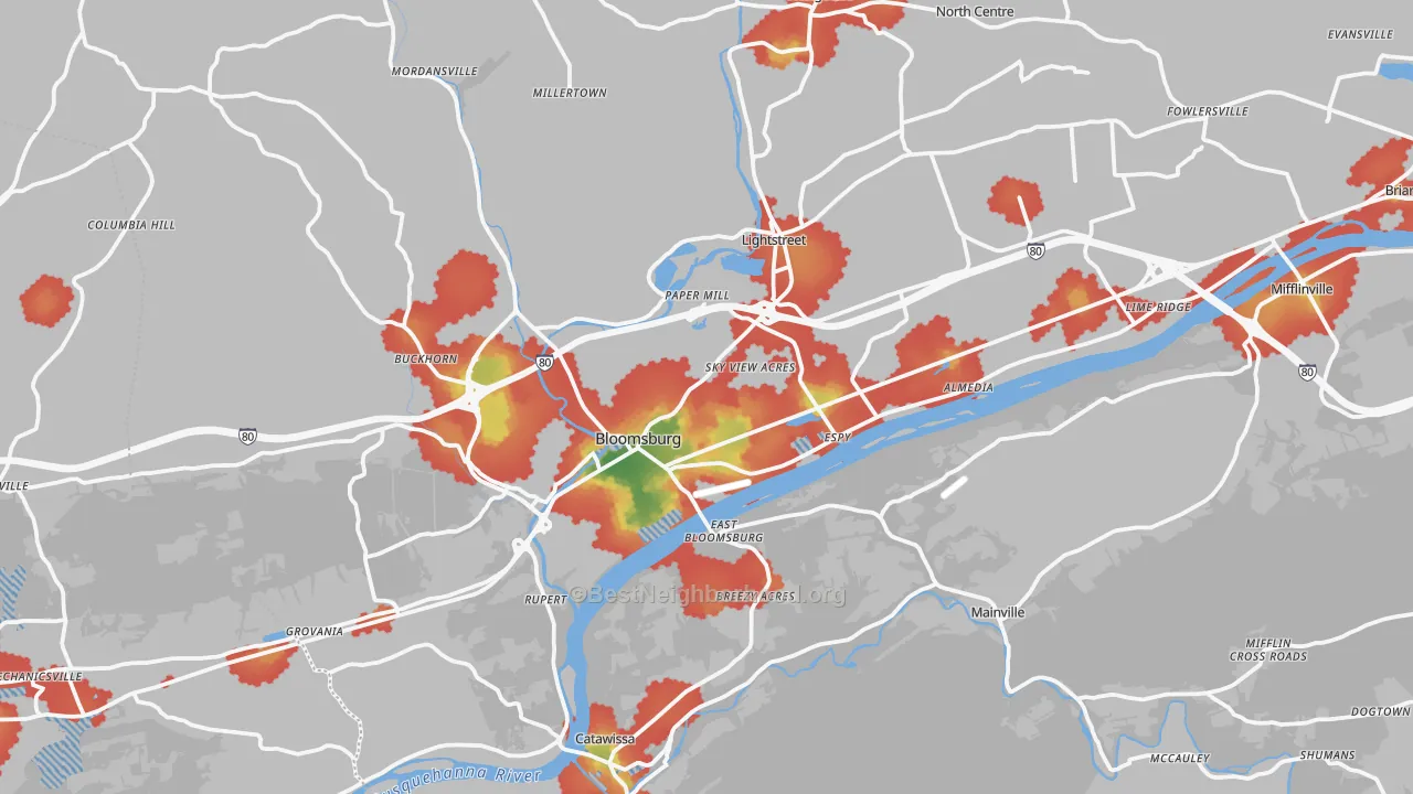 Walk Grade map of Bloomsburg, PA, walkable areas in green and car-dependent areas in red