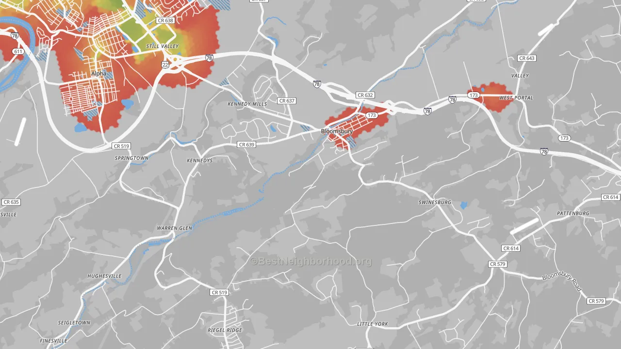 Walk Grade map of Bloomsbury, NJ, walkable areas in green and car-dependent areas in red