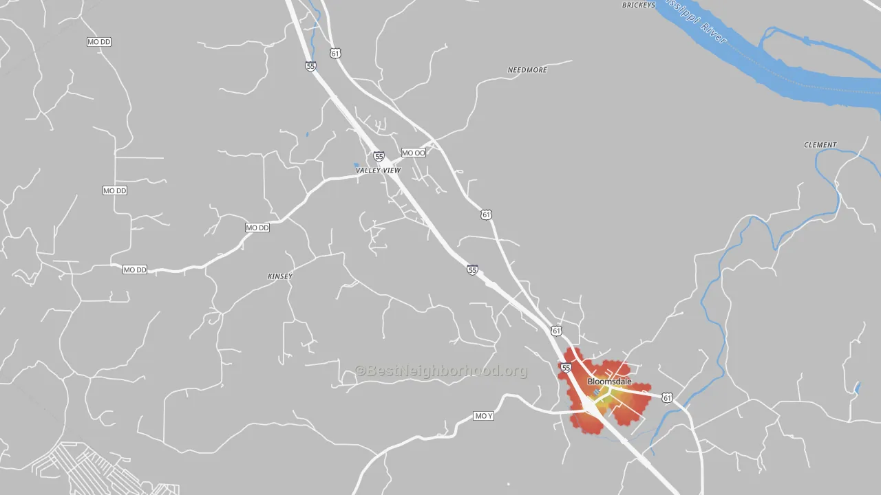 Walk Grade map of Bloomsdale, MO, walkable areas in green and car-dependent areas in red
