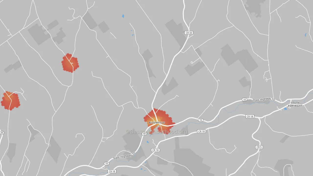 Walk Grade map of Bloomville, NY, walkable areas in green and car-dependent areas in red