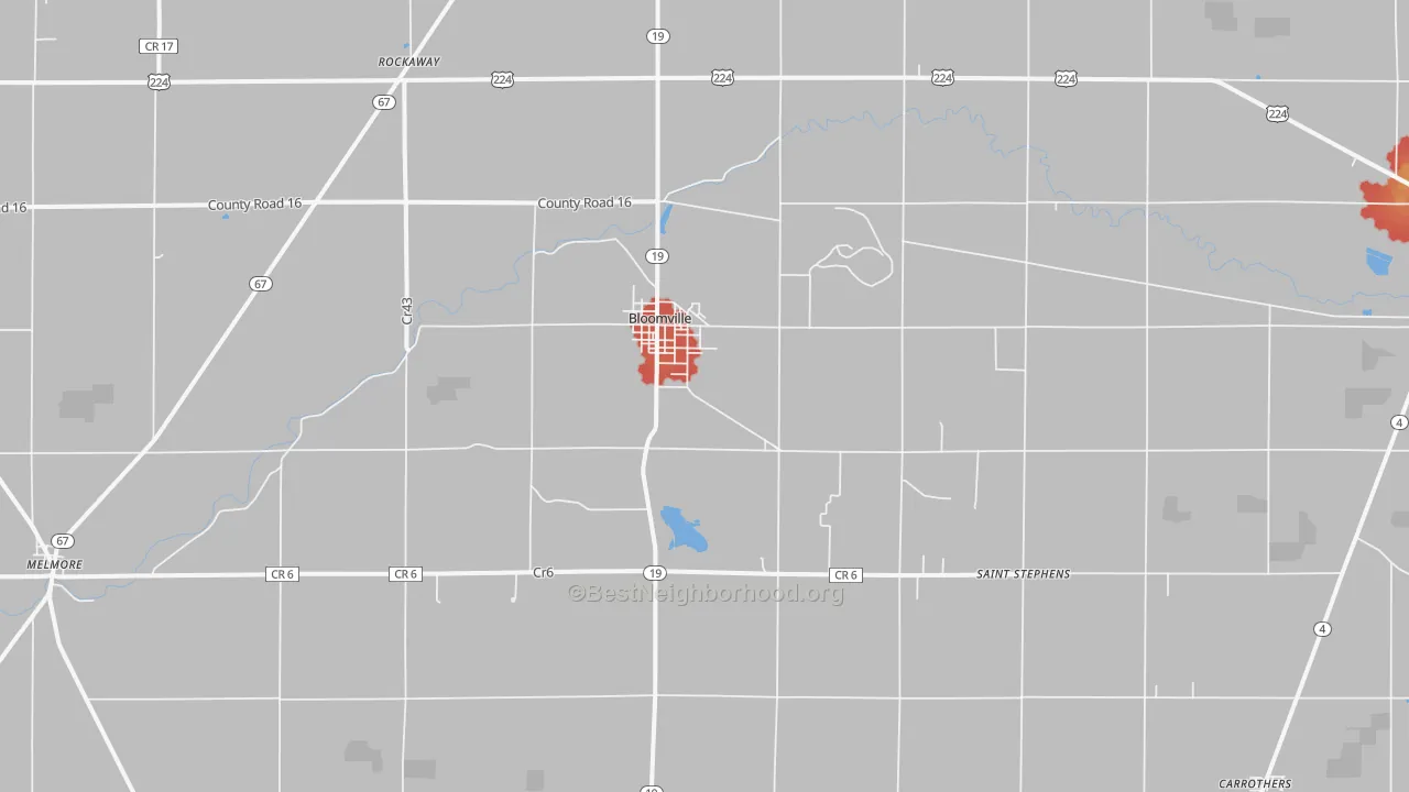 Walk Grade map of Bloomville, OH, walkable areas in green and car-dependent areas in red