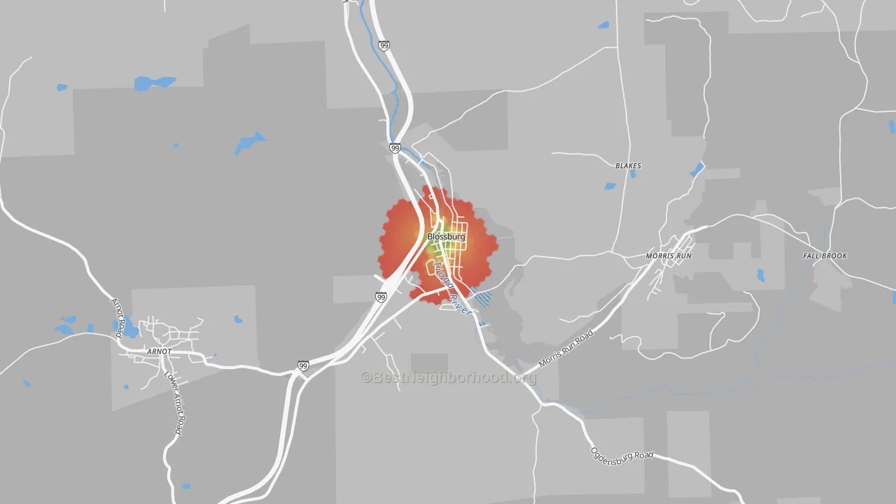 Walk Grade map of Blossburg, PA, walkable areas in green and car-dependent areas in red