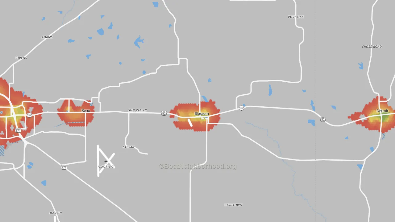 Walk Grade map of Blossom, TX, walkable areas in green and car-dependent areas in red