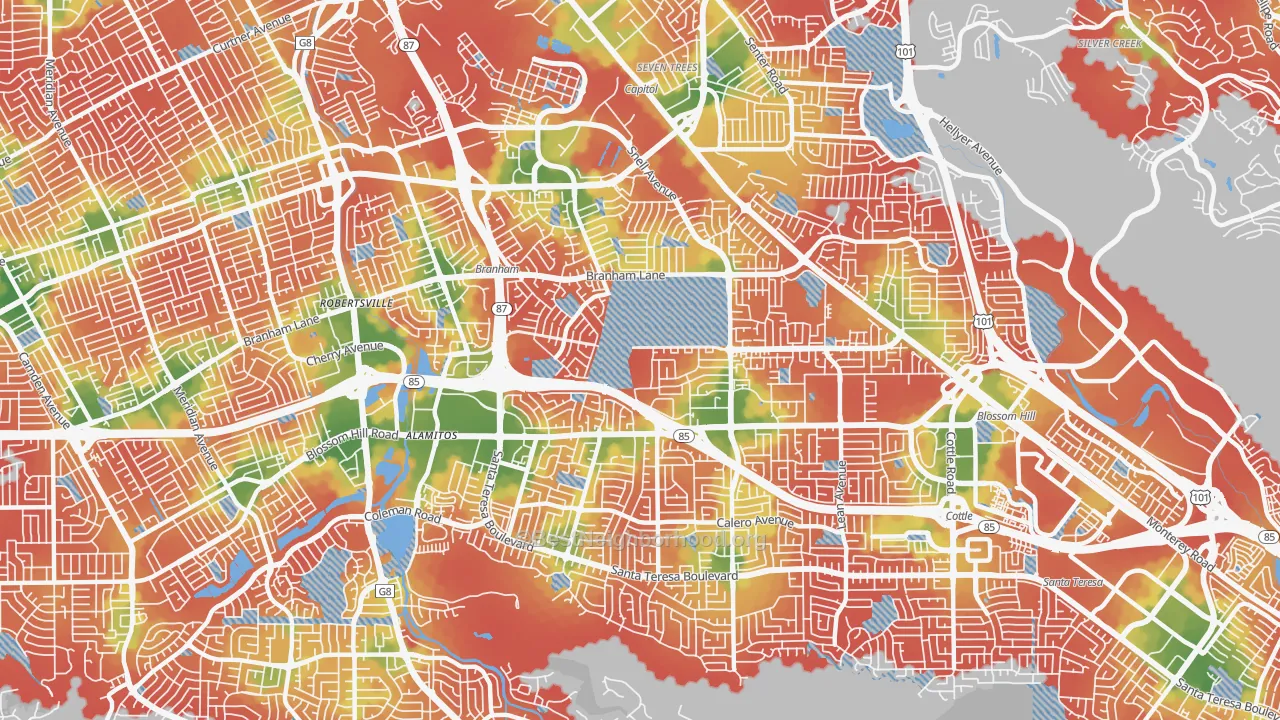 Walk Grade map of Blossom Valley, San Jose, CA, walkable areas in green and car-dependent areas in red