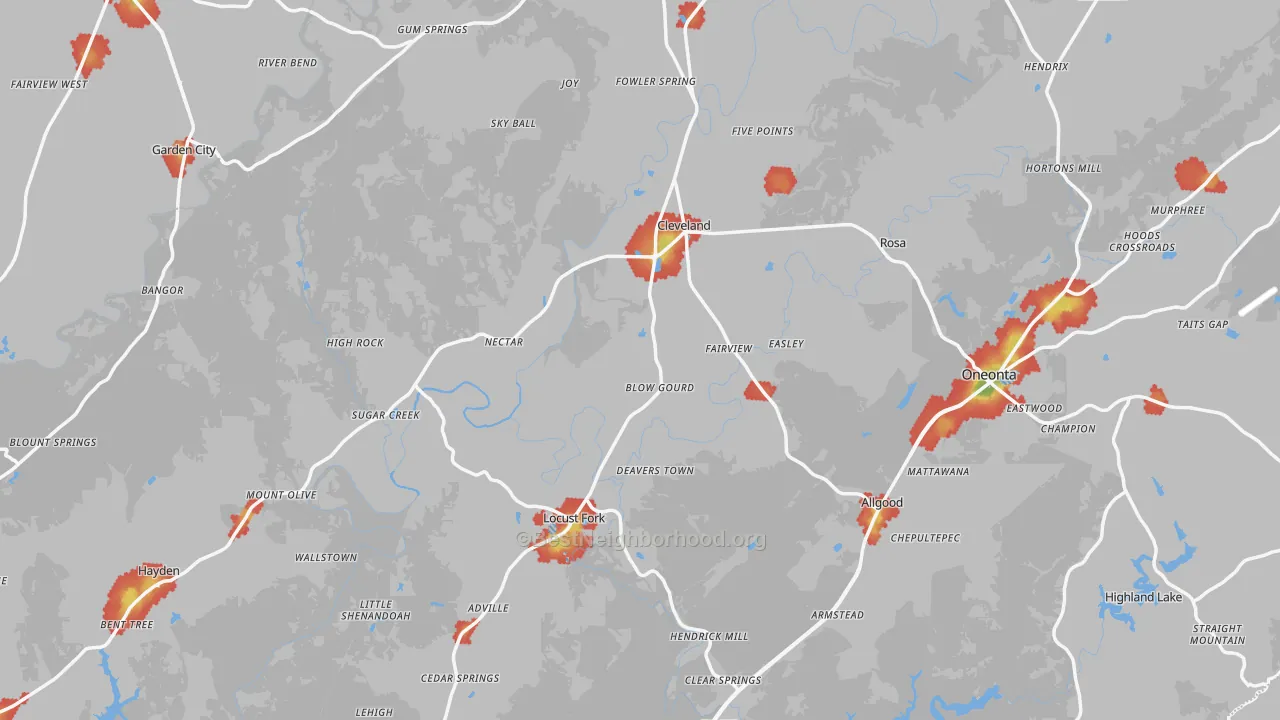 Walk Grade map of Blount County, AL, walkable areas in green and car-dependent areas in red