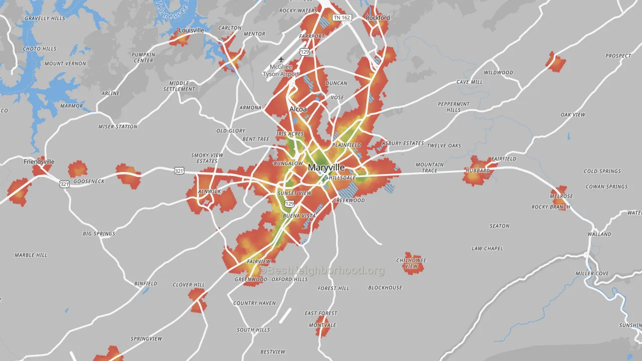 Walk Grade map of Blount County, TN, walkable areas in green and car-dependent areas in red